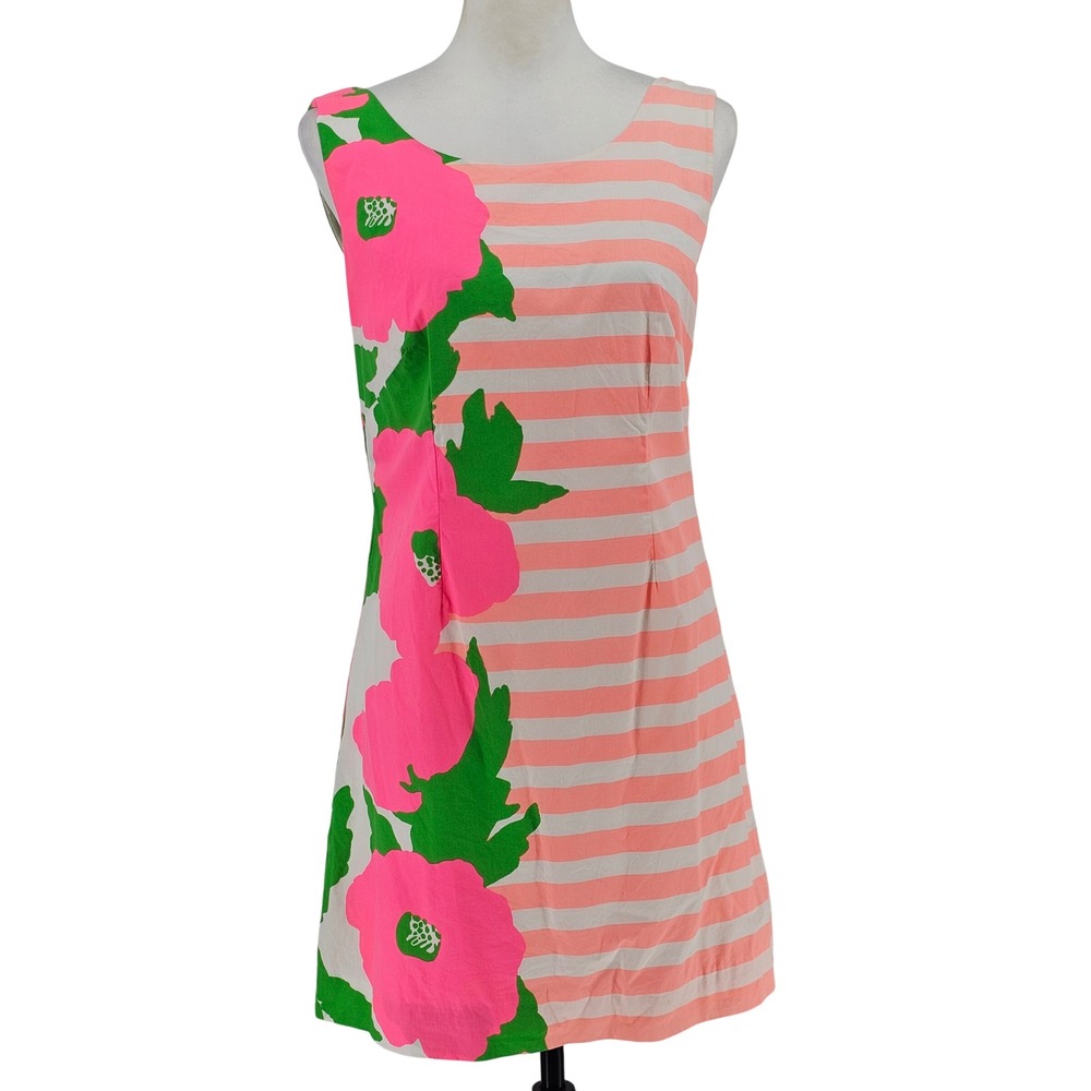 Lilly Pulitzer Delia Sunrise Shift Dress 4 Pink Orange Floral Striped Resortwear